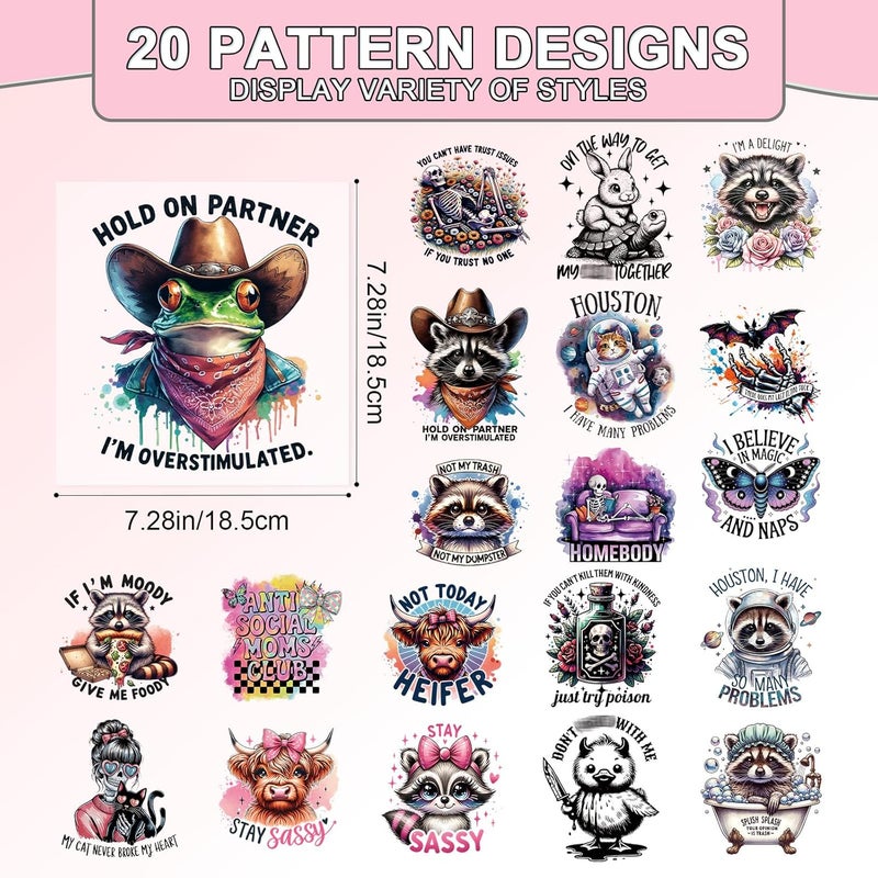 Shejdgart Dtf Transfers Ready to Press - 20 Pcs Funny Animal Iron on Patches for T-Shirts, Sarcastic Raccoon Skeleton Cat Cow Heat Transfer Designs Vinyl Stickers, Iron on Decals for DIY Clothes Bags - Image 2